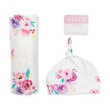 Load image into Gallery viewer, Lulujo - Hello World Blanket &amp; Knotted Hat - Posies