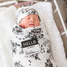 Load image into Gallery viewer, Lulujo - Hello World Blanket &amp; Knotted Hat - Black Floral
